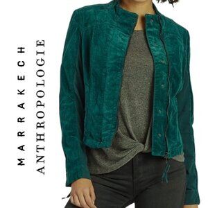 Anthropologie, Marrakech, Harlow Velvet Moto Zipper Jacket, Dark Green
